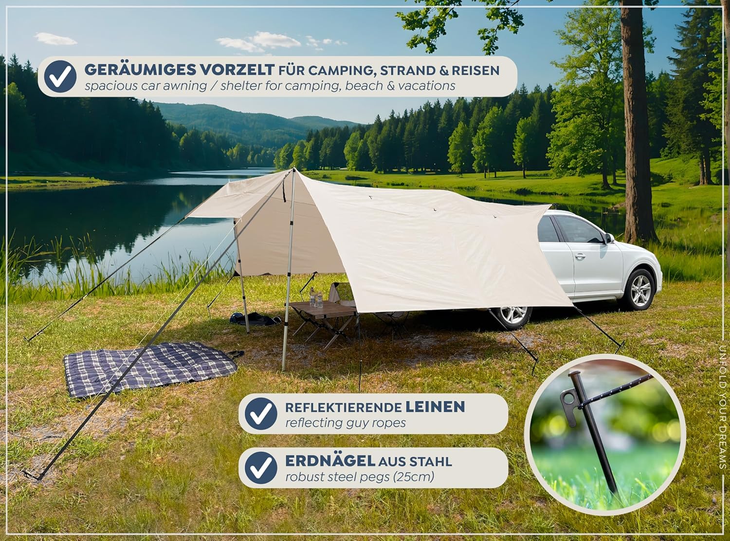 Camp Air Auto-Vorzelt – Tarp mit Dachträger für SUV & Kombi, UV 50+ Sonnen- & Regenschutz
